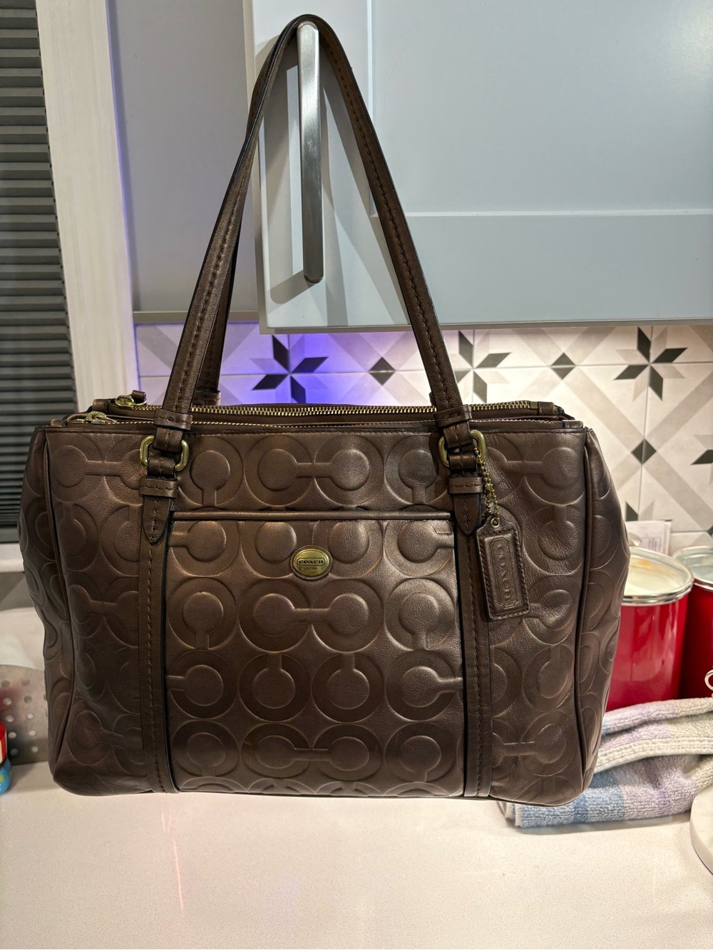 Coach Payton Embossed Jordan Double Zip Metallic Bronze shoulder carryall EUC